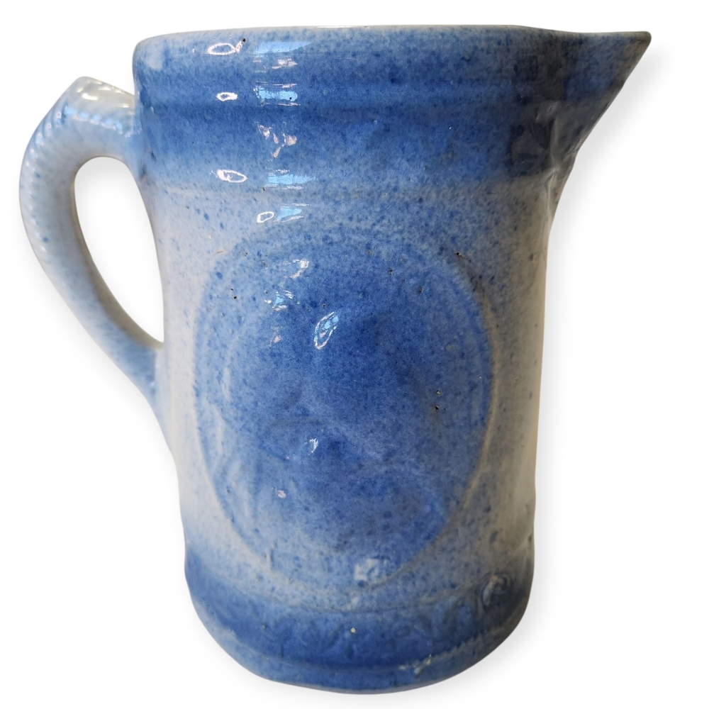 Antique Blue and White Stoneware Pitcher Salt Glazed Hull Pottery